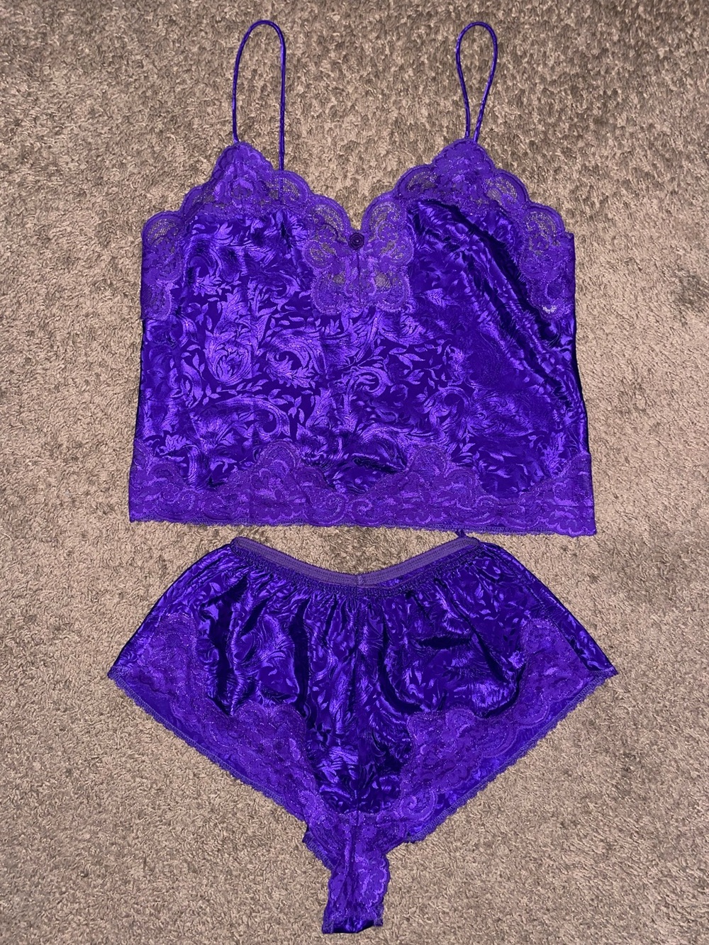 VTG Lucie Ann II Purple Jacquard Satin Lace Camisole Tap Shorts Lingerie Set
